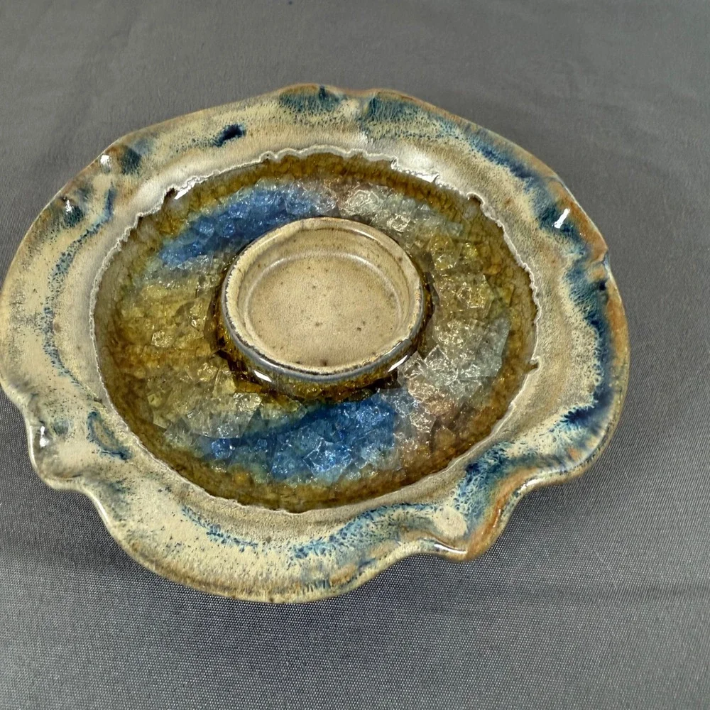 Studio Art Pottery Geode Tealight‎ Candle Holder Blue Earth Tones Raku Style